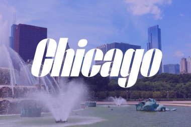 Chicago, USA. City name modern photo postcard. Travel destination text word title card.