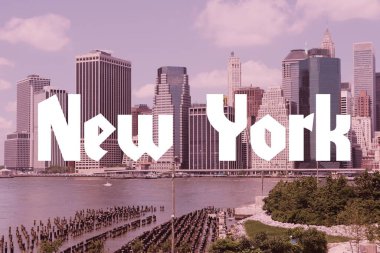 New York, USA. City name modern photo postcard. Travel destination text word title card.