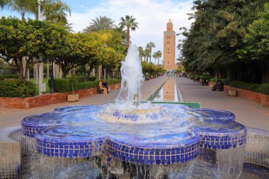 Marrakech city landmark in Morocco. Koutoubia Mosque seen from Parc Lalla Hasna.