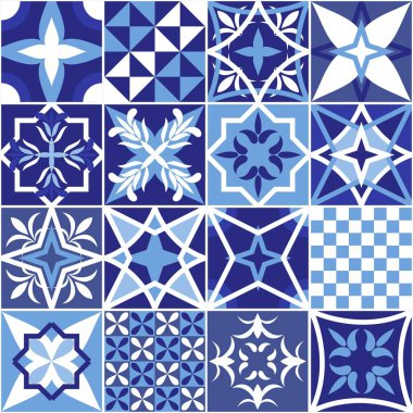 Dutch Delft blue color tiles design. Netherlands ceramic tile set with various ornaments. Seamless pattern.