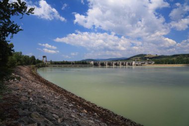 Austria hydroelectricity generation. Sustainable energy. Water power plant on river Danube in Melk.