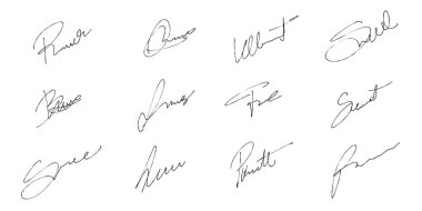 İmzalar vektör koleksiyonunu ayarlar. El yazısıyla yazılmış, imzalı bir paket. Hayali imzalar dizisi.