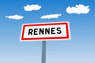 Rennes city sign in France. City limit welcome road sign.