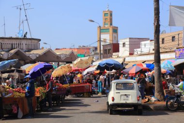 EL JADIDA, MOROCCO - FEBRUARY 23, 2022: Hectic town life at local market of El Jadida, Morocco. El Jadida is a heritage town and a seaside resort.