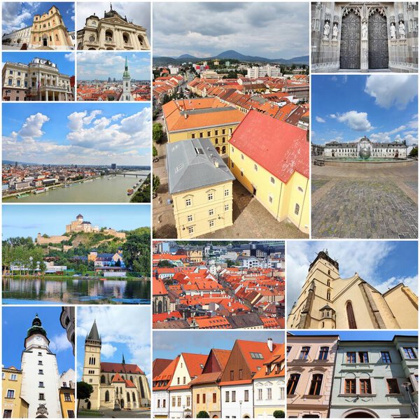 Slovakia collage - photos set with travel places including Bratislava, Kosice, Trencin, Presov and Bardejov.