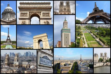Paris fotoğraf kolaj - Fransa nın başkenti Simgesel Yapı Kartpostal koleksiyonu.