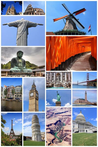 Travel destinations collage. World travel photos. Travel around the world photo postcard.