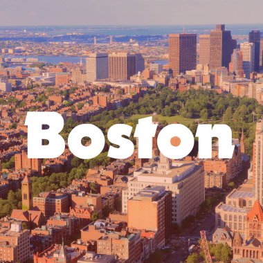 Boston, USA. City name modern photo postcard. Travel destination text word title card.