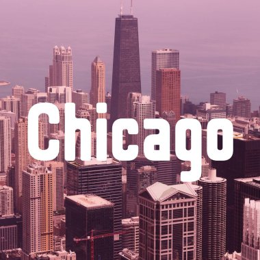 Chicago, Illinois. City name modern photo postcard. Travel destination text word title card.