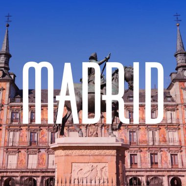Madrid, Spain. City name modern photo postcard. Travel destination text word title card.