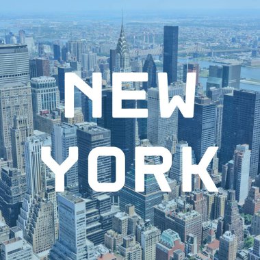 New York City, USA. City name modern photo postcard. Travel destination text word title card.
