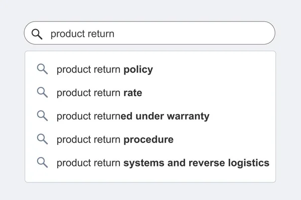 Produktrückgabe Themen Suchergebnisse Produkt Retouren Management Konzept Online Suchmaschine Autocomplete — Stockvektor