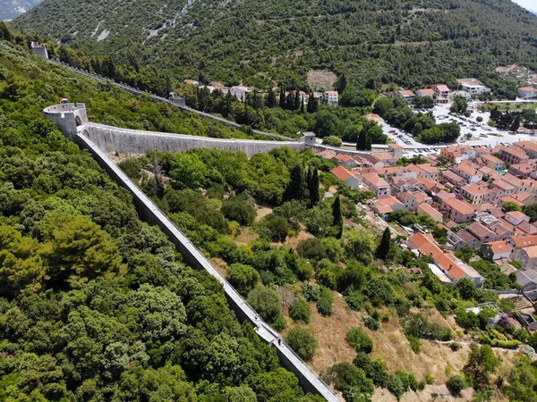Croatia Drone View Ston Defensive Town Walls Medieval Ramparts — Stock Photo, Image