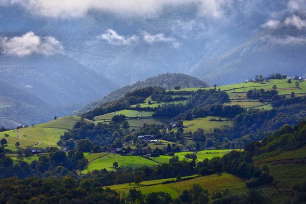 Wieś Francji Pola Pastwiska Rejonie Bagneres Bigorre Departamentu Hautes Pireneje — Zdjęcie stockowe