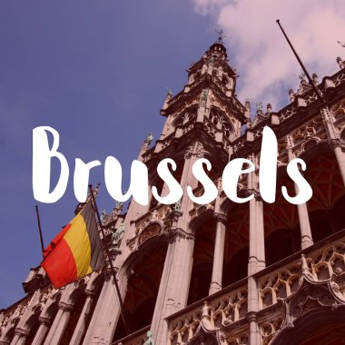 Brussels, Belgium. City name modern photo postcard. Travel destination text word title card.
