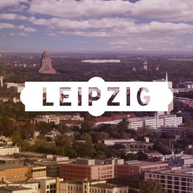 Leipzig, Germany. City name modern photo postcard. Travel destination text word card.