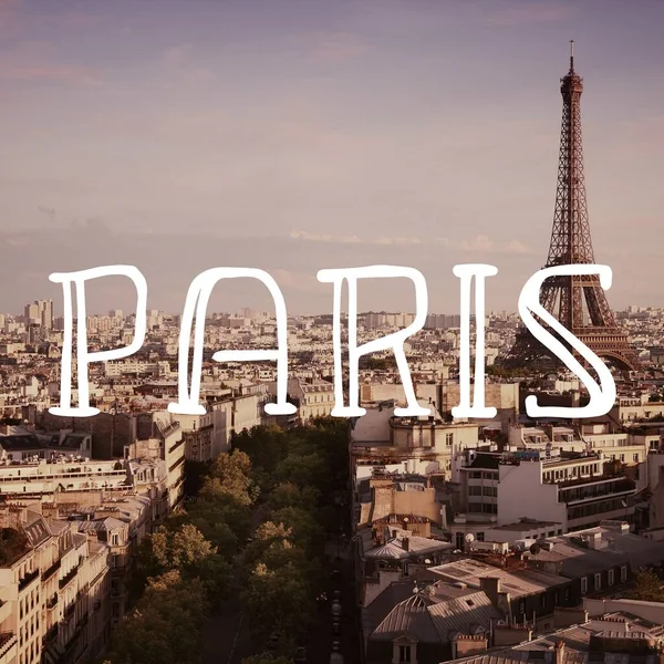 Paris Fransa Şehir Ismi Fotoğraf Kartpostalı Seyahat Hedef Metin Kartı — Stok fotoğraf
