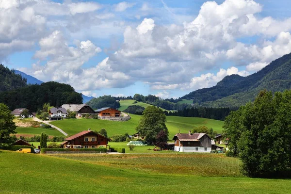 オーストリアの夏 ザルツカンマーグート州のBad Iscl町付近の田園風景 緑の牧草地農業景観 — ストック写真