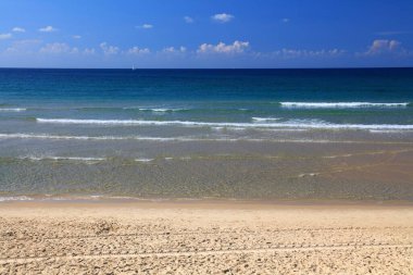 Tel Aviv şehir plajı, İsrail. Charles Clore Sahili 'nde insan yok. Sahilde kimse yok..