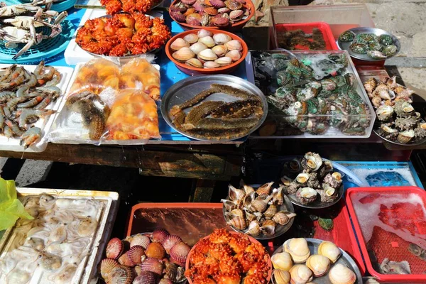 韩国釜山的鱼类市场 Jagalchi鱼市场的各种海产食品 — 图库照片