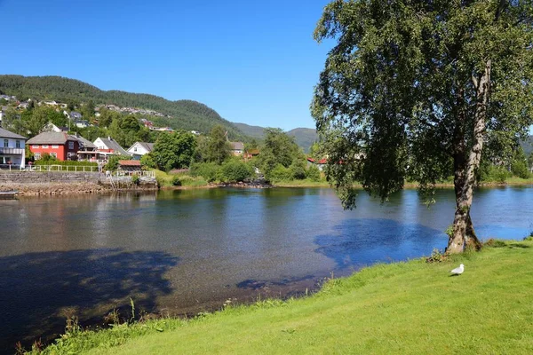 Forde Mountain Valley Town Sunnfjord Region Norway River Jolstra — Stock Photo, Image