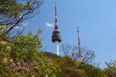 SEOUL, Güney Kore - 8 Nisan 2023: N Seul Kulesi namı diğer Namsan Kulesi, Seul Namsan Parkı 'nda iletişim ve gözlem.