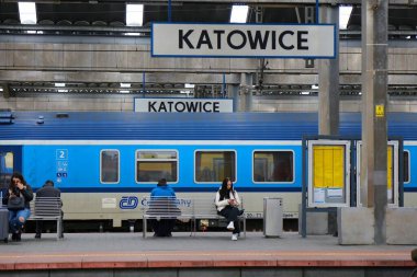 KATOWICE, POLAND - 24 Mart 2023: Ceske Drahy (Çek Demiryolları) Polonya 'nın Slaskie bölgesindeki büyük demiryolu merkezi Katowice İstasyonu' ndaki yolcu treni.