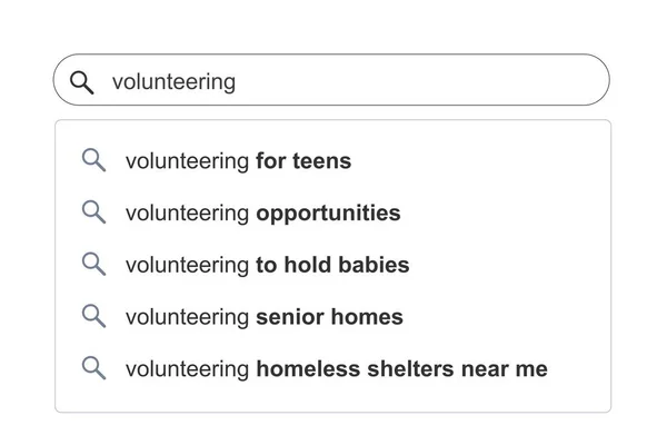 Suchergebnisse Freiwilligen Themen Freiwilligenkonzept Online Suchmaschine Autocomplete Vorschläge — Stockvektor