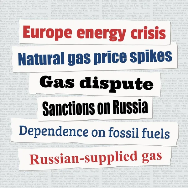 欧洲能源危机新闻头条 关于天然气危机和对矿物燃料依赖的报纸剪报 — 图库矢量图片