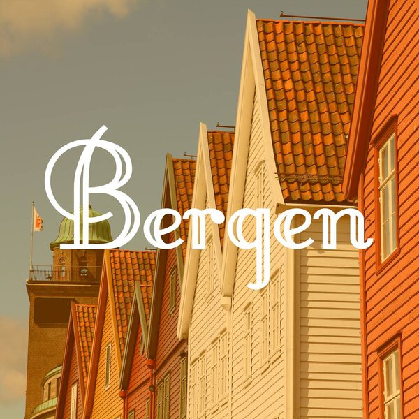 Берген, Норвегия. Название города modern photo postcard. Текстовая карточка путешествия.