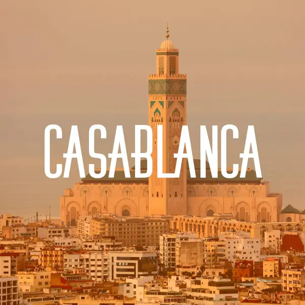 Καζαμπλάνκα Μαρόκο Πόλη Όνομα Σύγχρονη Κάρτα Φωτογραφία Ταξιδιωτικός Προορισμός Κείμενο — Φωτογραφία Αρχείου