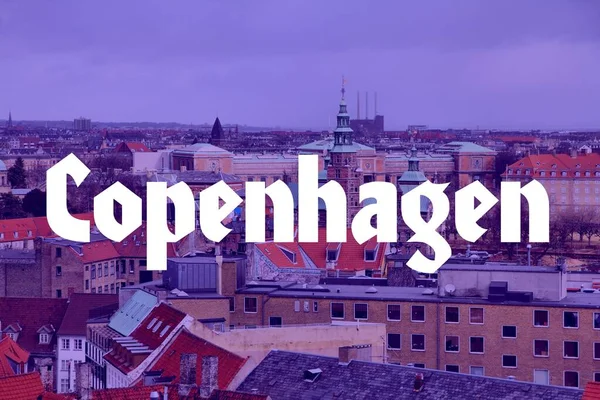 デンマークのコペンハーゲン 市名現代写真はがき 移動先のテキストカード — ストック写真
