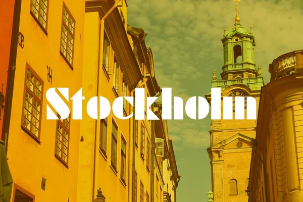 瑞典斯德哥尔摩 城市名现代照片明信片 旅游目的地文字卡片 — 图库照片