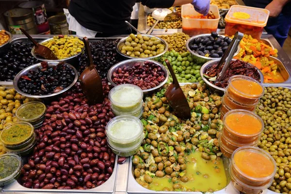 Cocina Israelí Mercado Mahane Yehuda Shuk Jerusalén Varias Aceitunas — Foto de Stock