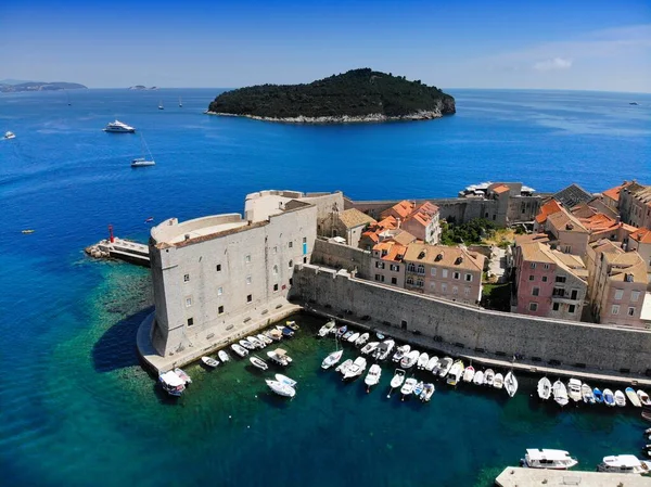 Bezienswaardigheid Dubrovnik Kroatië John Fort Middeleeuwse Stadsmuren Luchtfoto Van Dubrovnik — Stockfoto