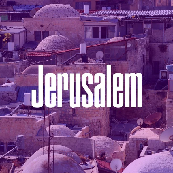 Jerusalem Israel City Name Modern Photo Postcard Travel Destination Text — Stock Photo, Image