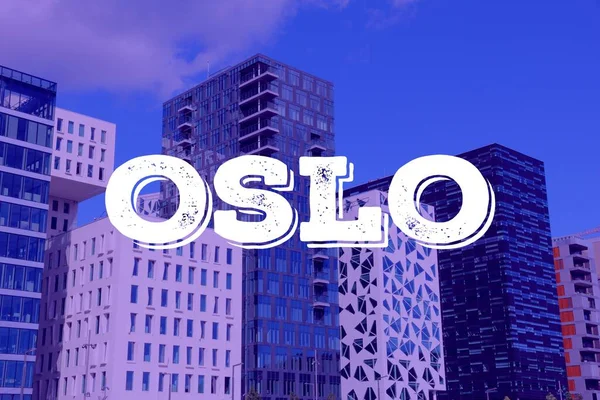 Oslo Noruega Nombre Ciudad Postal Foto Moderna Tarjeta Texto Destino —  Fotos de Stock