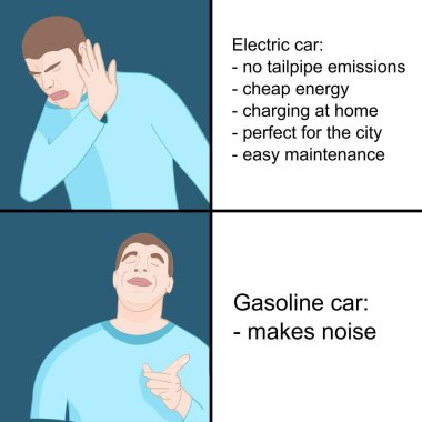 Elektrikli araba benzinli araba şakasına karşı. Sosyal medya paylaşımı için komik bir mim.