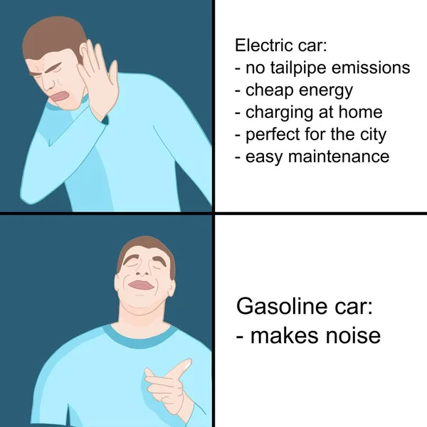 Electric Car Gasoline Car Joke Funny Meme Social Media Sharing — Stock Vector