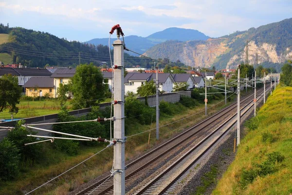 Avusturya Nın Styria Bölgesinde Demiryolu Hattı Elektrikli Demiryolu Hattı — Stok fotoğraf