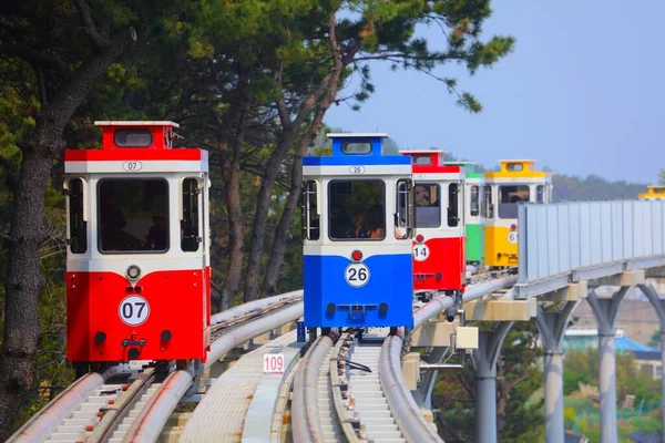 Красочные Капсульные Поезда Пусане Достопримечательности Южной Кореи — стоковое фото