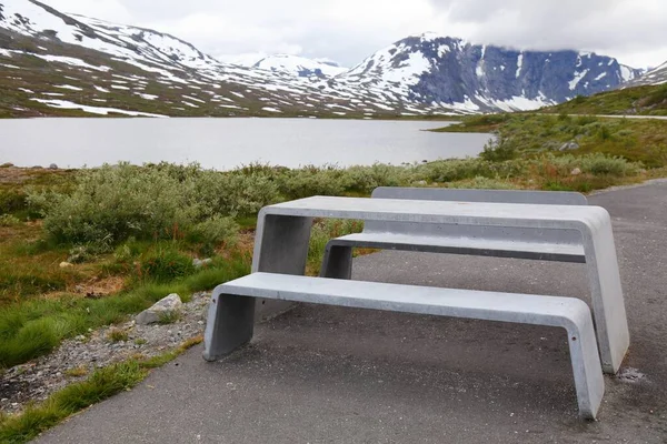 Hiver Été Neige Norvège Table Pique Nique Sunnmore Alpes Dans — Photo