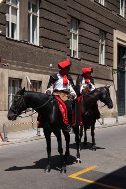 Zagreb, Hırvatistan - 30 Haziran 2019: Hırvatistan 'ın başkenti Zagreb' de düzenlenen gardiyan töreni. Zagreb, 1,2 milyon nüfusuyla Hırvatistan 'ın en büyük kenti konumunda bulunuyor..