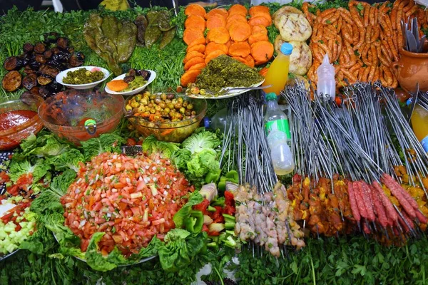 Churrasco Carne Estilo Marroquino Legumes Jemaa Fnaa Mercado Quadrado Marrakech — Fotografia de Stock