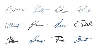 Handwriting isolated signature set. Vector pack with isolated imaginary personal handwriting scribble signatures. clipart