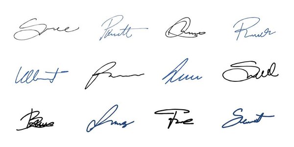 Handwriting isolated signature set. Vector pack with isolated imaginary personal handwriting scribble signatures.