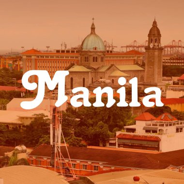 Manila, Filipinler. Şehir ismi, modern fotoğraf kartpostalı. Seyahat hedef metin kartı.