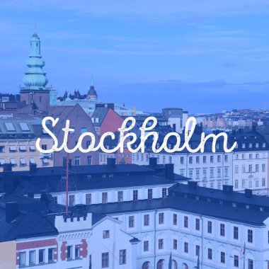 Stockholm, İsveç. Şehir ismi, modern fotoğraf kartpostalı. Seyahat hedef metin kartı.