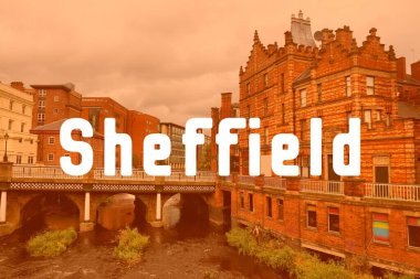 Sheffield, İngiltere. Şehir ismi, modern fotoğraf kartpostalı. Seyahat hedef metin kartı.