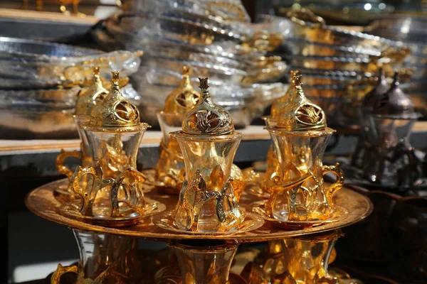 Golden Tea Set Istanbul Turkey Traditional Turkish Style Tea Serving — Stock Photo, Image